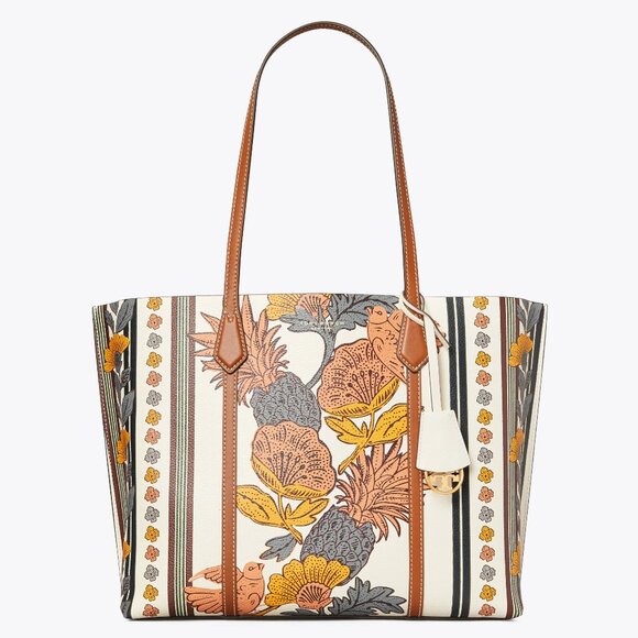 Excellent TORY BURCH Perry Triple Compartment Tote Bag Large Orange Cream Floral - Picture 1 of 12